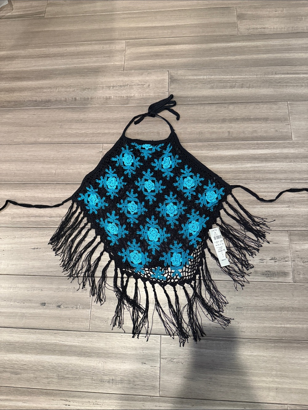 Cache Black Crochet Halter Top with Teal Floral Accents-open back